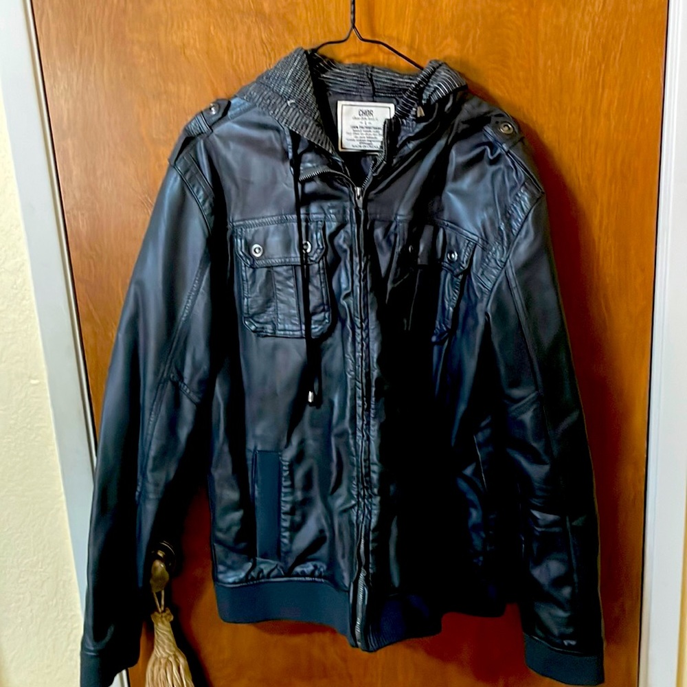 Chor  Faux leather jacket. With layered effect two zippers hoodie.